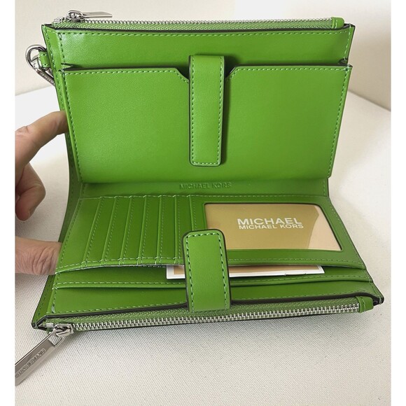 New Michael Kors Jet Set Travel Double Zip Wristlet Wallet Jungle Green - Picture 4 of 5